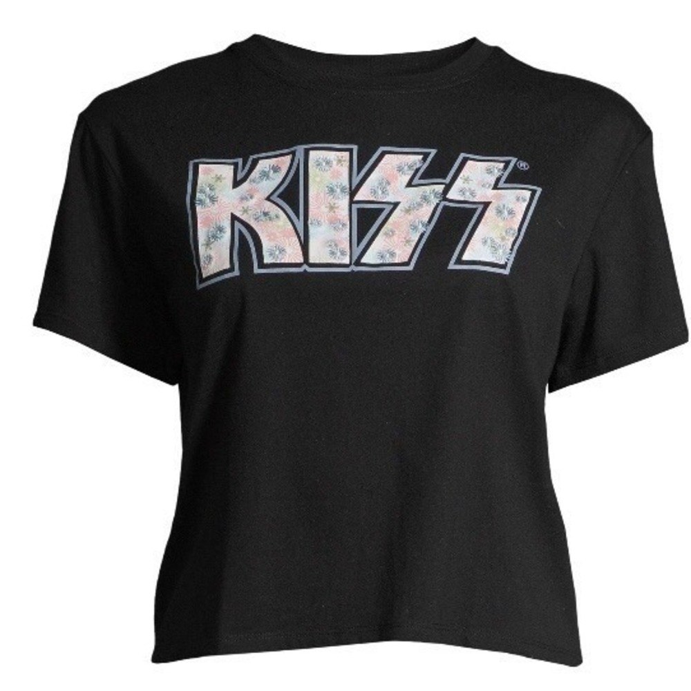 KISS Juniors Floral Graphic TShirt Medium 7-9 New with Tags Black Embroidered